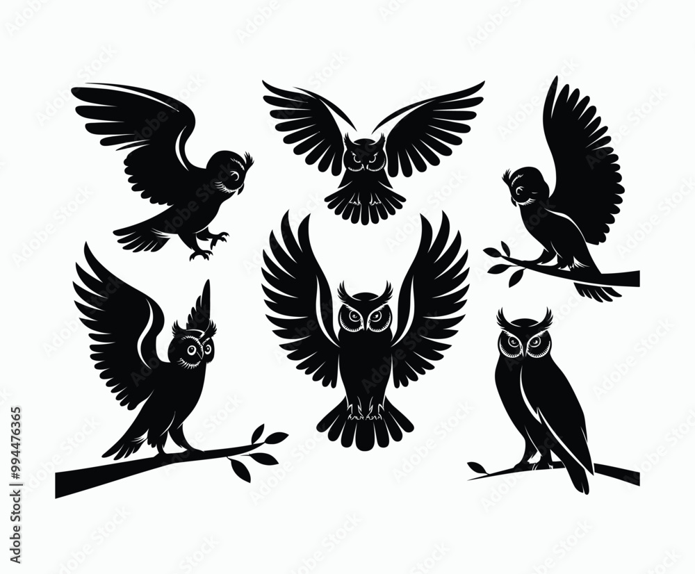 Naklejka premium Owl bird silhouette editable EPS vector isolated illustration template on a white background