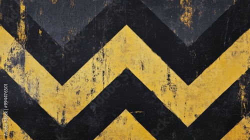 Zigzag pattern of black, yellow, and white chevrons on a weathered concrete s...