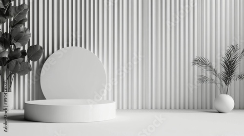 A black sphere balanced on a white pedestal in front of a striped black and w...