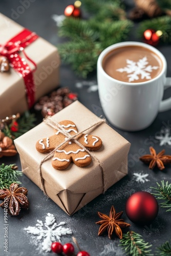 Festively wrapped gifts with gingerbread cookie and coffee on a winter table
