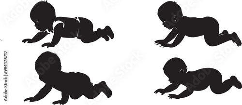silhouettes of baby crawling in different way, isolated on white background