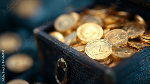 A wooden treasure chest overflowing with shiny gold coins under soft ambient ...
