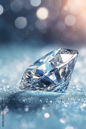 Sparkling diamond placed on shimmering surface with soft bokeh background effects during daylight