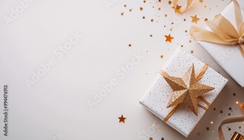 A beautifully wrapped gift with golden decorations on a festive background wi...