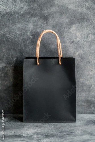 Plain black shopping bag on a textured gray background, ideal for retail and ...