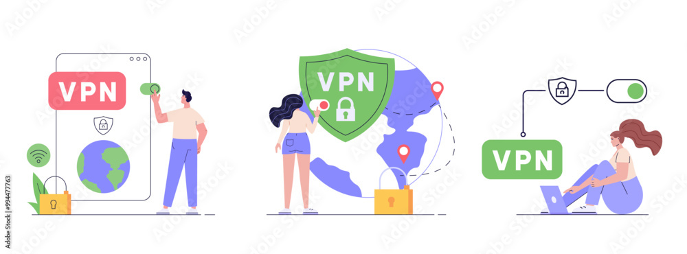 People using VPN for computer, smartphone with VPN sign. Users protecting personal data with VPN service. Concept of virtual private network, сyber security, data protection. Vector illustration People using VPN for computer, smartphone with VPN sign. Users protecting personal data with VPN service. Concept of virtual private network, сyber security, data protection. Vector illustration