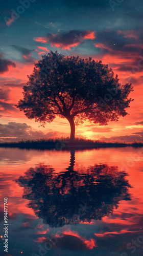 Tree silhouette by lake, water reflection at sunset, calm evening landscape, beautiful nature scene, colorful sky horizon, peaceful river view, golden hour forest scenery, tropical island twilight