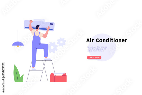 Engineer repairing air conditioner. Call master fixing air conditioning system. Technicians check the split system. Concept of air conditioning service, AC master, AC cleaning. Vector illustration