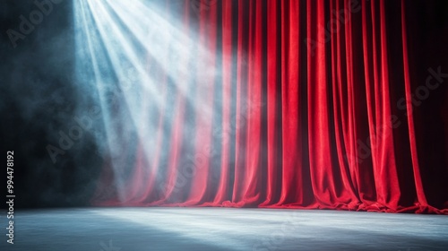 Theater stage with red curtains and dramatic lighting creating an immersive a...