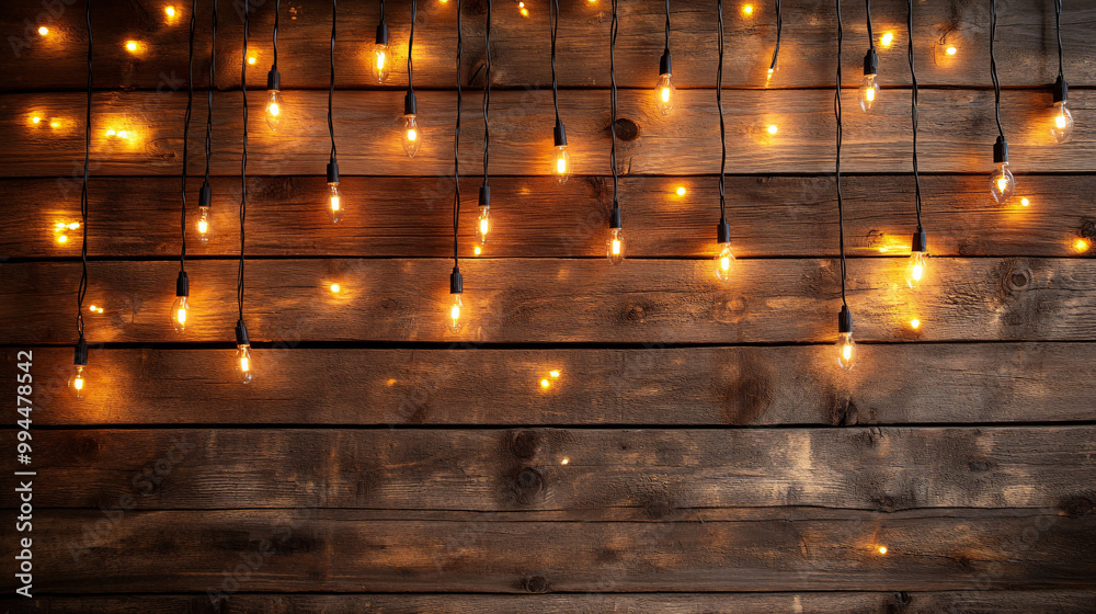 Warm and glowing string lights on rustic wooden wall, creating an inviting and cozy atmosphere. Ideal for festive and seasonal themes, holiday parties, Christmas, and more. Warm and glowing string lights on rustic wooden wall, creating an inviting and cozy atmosphere. Ideal for festive and seasonal themes, holiday parties, Christmas, and more.