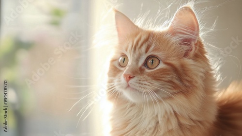 A curious orange cat gazes out the window during sunset, enjoying the warm ev...