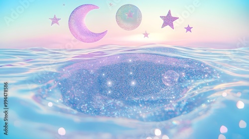 Dreamy pastel underwater scene with bubbles and glittery star and moon stickers, soft pink, lavender, and sky blue tones.