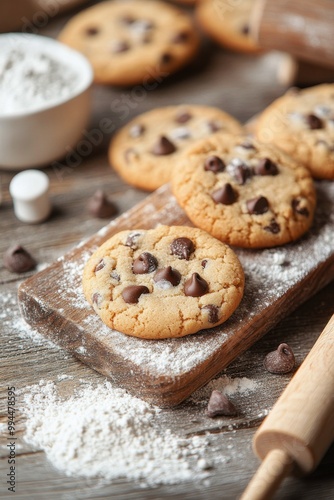 Warm chocolate chip cookies on a wooden board with baking supplies and festiv...