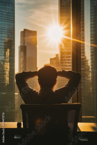 Business professional enjoys sunset view from high-rise office in a bustling ...