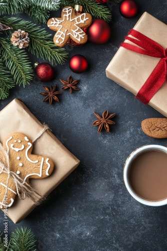 Festively wrapped gifts with gingerbread cookie and coffee on a winter table