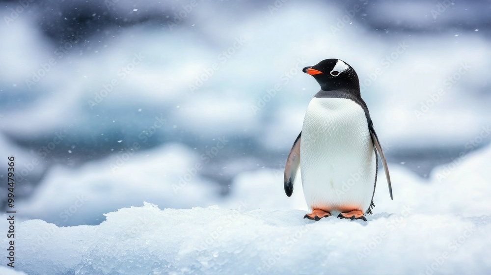 Obraz premium A gentoo penguin standing on ice surrounded by falling snow in the Antarctic region during winter