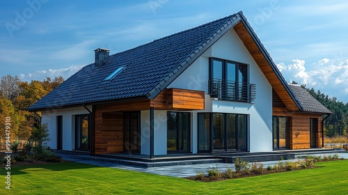 residential house with a black tiled roof under a clear blue sky on a sunny day. roof tiles and metal, weather-resistant architecture of the home