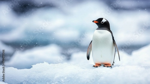 A gentoo penguin standing on ice surrounded by falling snow in the Antarctic ...
