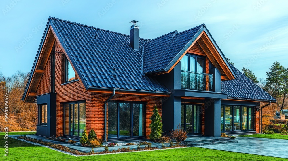 residential house with a black tiled roof under a clear blue sky on a sunny day. roof tiles and metal, weather-resistant architecture of the home residential house with a black tiled roof under a clear blue sky on a sunny day. roof tiles and metal, weather-resistant architecture of the home