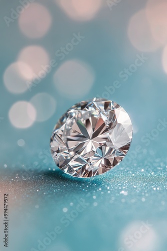 Sparkling diamond placed on shimmering surface with soft bokeh background eff...