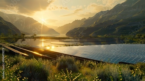 Vast solar panel array in a serene, mountainous setting, photo