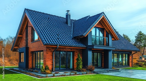 residential house with a black tiled roof under a clear blue sky on a sunny day. roof tiles and metal, weather-resistant architecture of the home