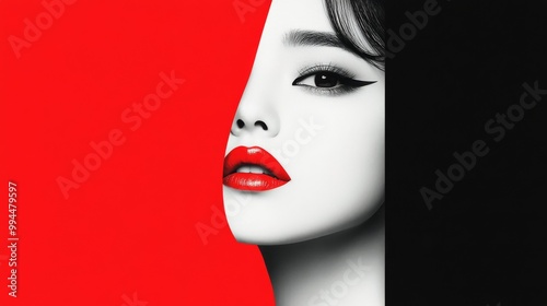 Elegant makeup artistry showcased against a striking red and black backdrop
