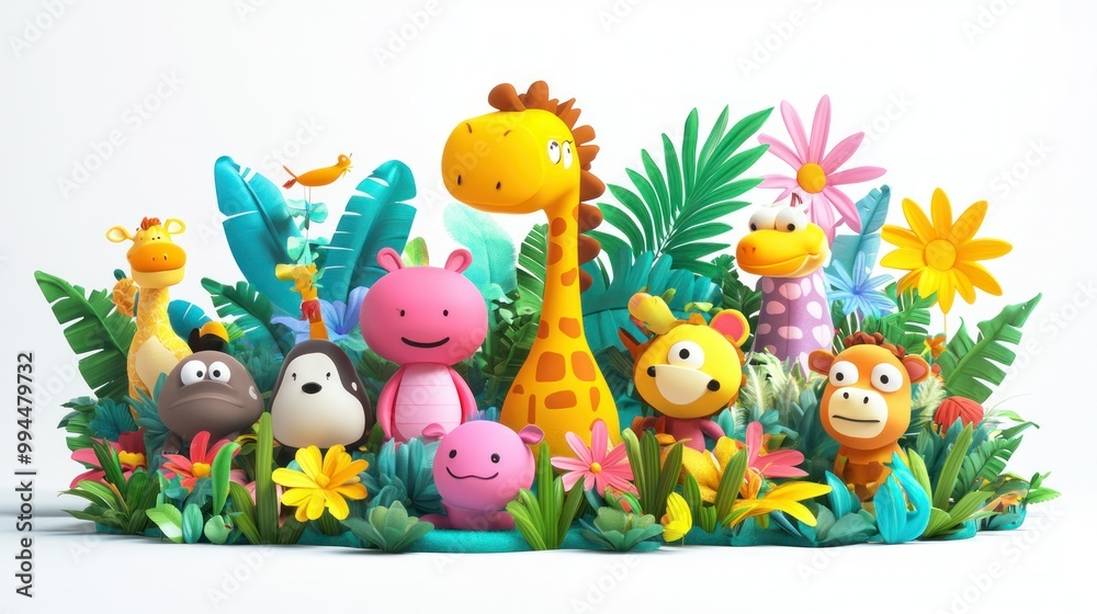 Obraz premium Cartoon Animal Friends in a Tropical Garden