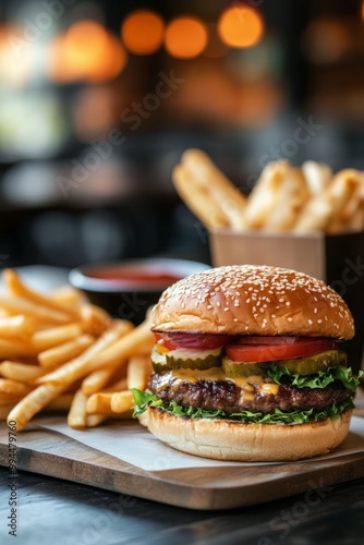 Delicious sesame seed burger with lettuce, tomato, and fries in a casual dini...