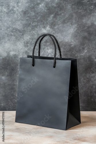 Plain black shopping bag on a textured gray background, ideal for retail and ...