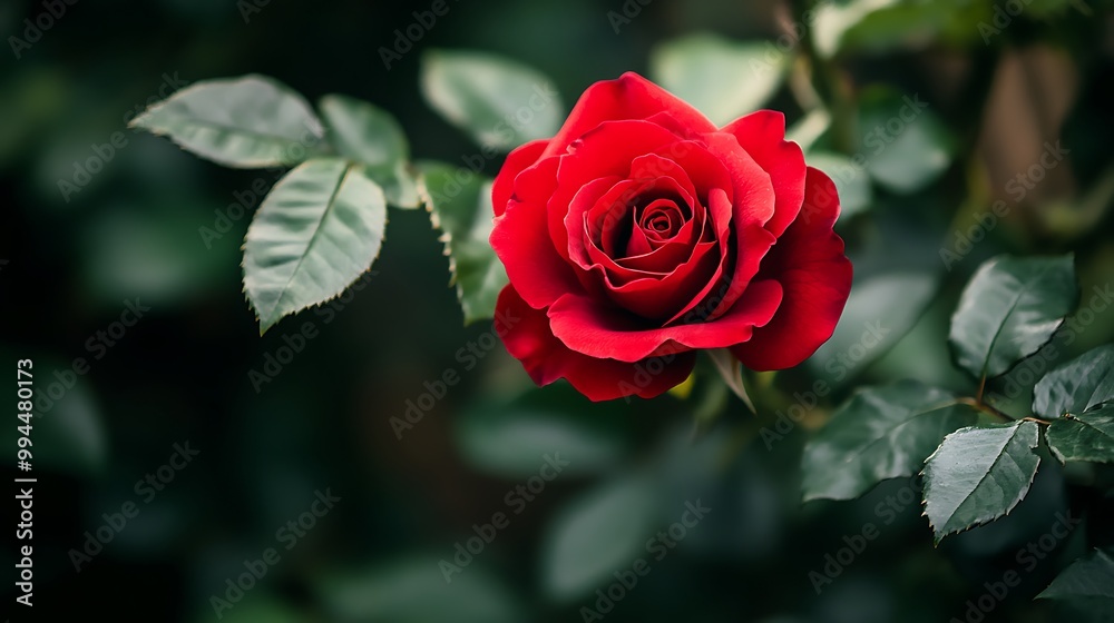 Single Red Rose with Green Leaves, Romantic and Elegant Flower Image Single Red Rose with Green Leaves, Romantic and Elegant Flower Image