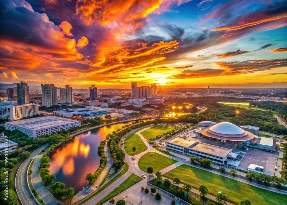 Obraz premium Stunning Aerial View of Mall of Asia in Pasay City, Philippines with Beautiful Sunset Sky Background
