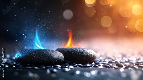 A captivating display of fire and ice on smooth stones against a blurred back...