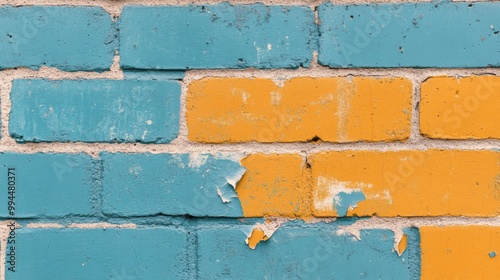 Two-tone brick wall divided into blue and yellow sections with peeling paint ...