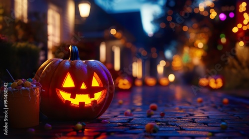 Wallpaper Mural A vibrant Halloween street decorated with glowing jack-o-lanterns and childrena??s candy buckets waiting to be filled Torontodigital.ca