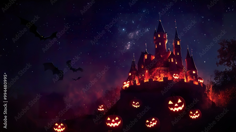 A whimsical castle made of glowing pumpkins under a starry night sky, with cartoonish bats flying around A whimsical castle made of glowing pumpkins under a starry night sky, with cartoonish bats flying around