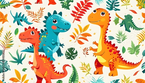 Vibrant seamless pattern of playful dinosaurs amidst lush foliage, embodying childhood joy and creativity in a natural setting