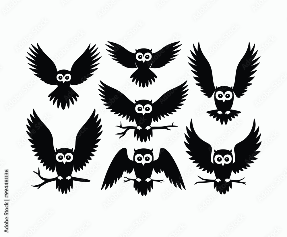 Fototapeta premium Owl bird silhouette editable EPS vector isolated illustration template on a white background