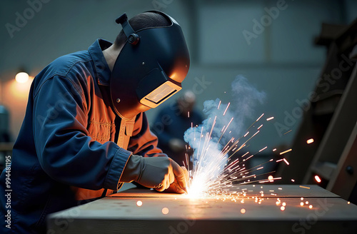 Welder at work. A metal worker welds metal parts at a factory