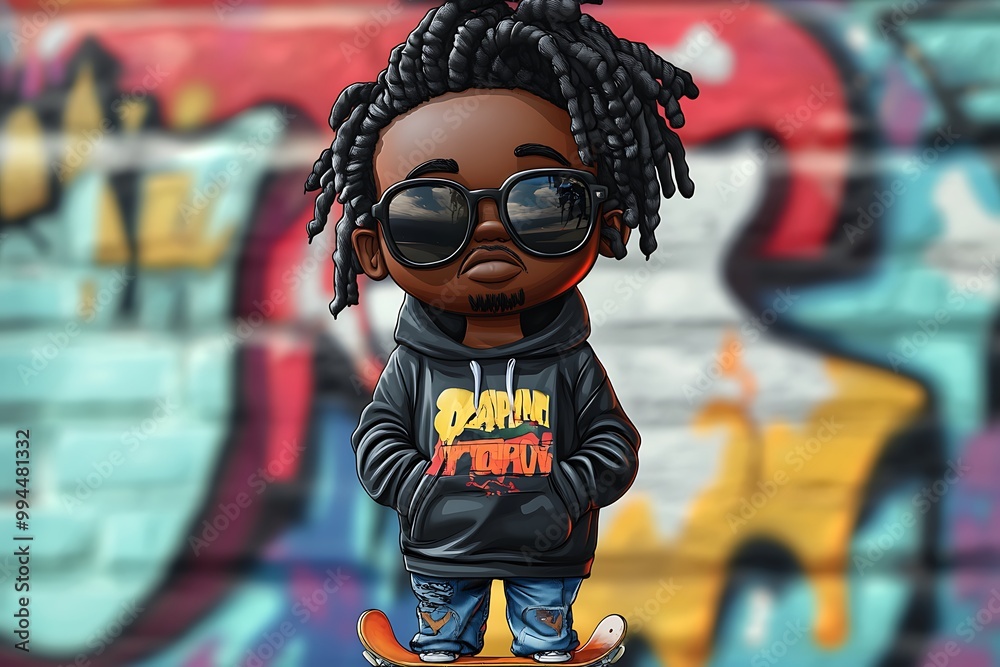 Cool Cartoon Black Boy with Dreadlocks Wearing Sunglasses and Hoodie in Front of Graffiti Wall Cool Cartoon Black Boy with Dreadlocks Wearing Sunglasses and Hoodie in Front of Graffiti Wall