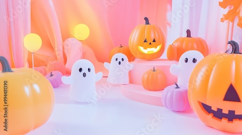 A whimsical scene showcasing adorable pumpkins and friendly ghosts, surrounded by neon accents of orange and pink on a clean white backdrop