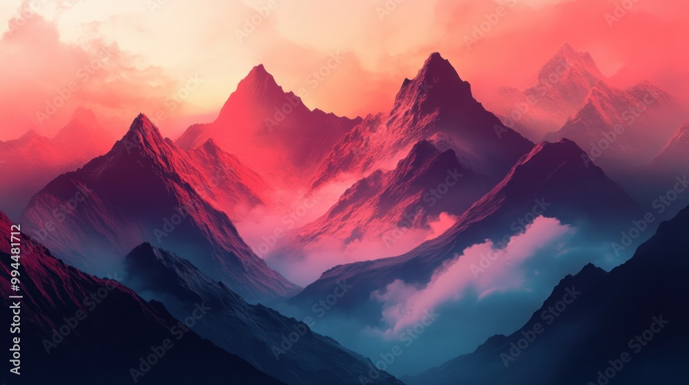 Majestic Mountains Bathed in a Vibrant Pink Sunset Glow Majestic Mountains Bathed in a Vibrant Pink Sunset Glow