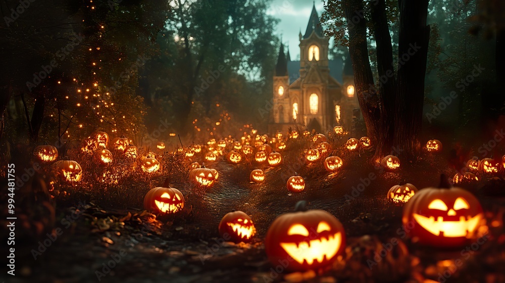 A whimsical yet spooky arrangement of jack-o'-lanterns in a dark forest, with an ancient church peeking through the trees A whimsical yet spooky arrangement of jack-o'-lanterns in a dark forest, with an ancient church peeking through the trees