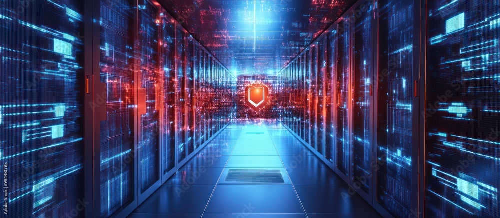 Cybersecurity, Server Room with Shield Symbol Cybersecurity, Server Room with Shield Symbol
