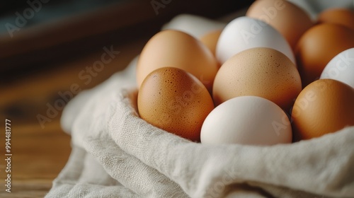 Fresh organic eggs nestled in a natural basket on a wooden surface during day...