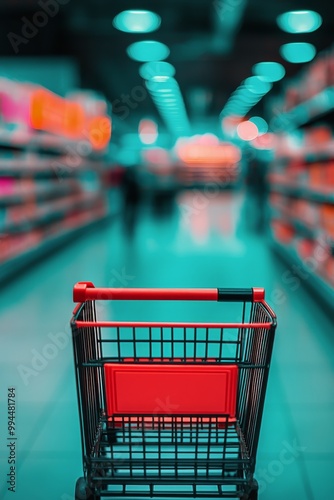 Shopping cart in a grocery store aisle filled with colorful product packages ...
