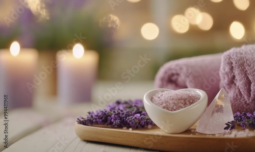 Relaxing spa setting with lavender, pink salt, and candles for a soothing atm...