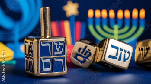 A blue and gold dreidel with Hebrew letters, surrounded by other dreidels and a menorah in the background. photo