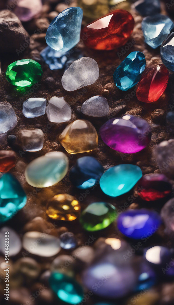 Closeup texture of multi-colored gemstones transparent and translucent refraction of light through t Closeup texture of multi-colored gemstones transparent and translucent refraction of light through t