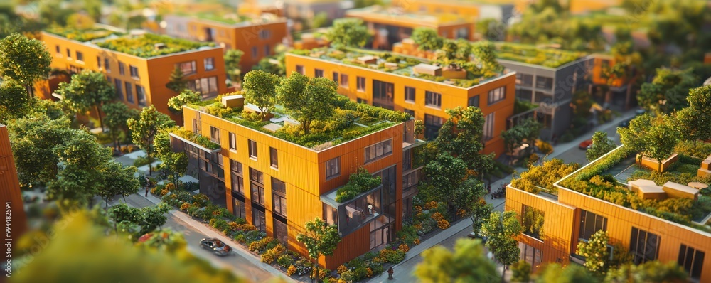 Fototapeta premium Blueprint for a sustainable urban redevelopment project, showcasing mixed-use buildings with green roofs and energy-efficient systems